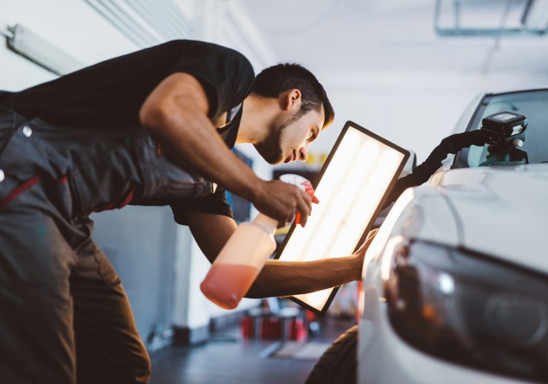 Car mechanic working to remove dent in workshop.