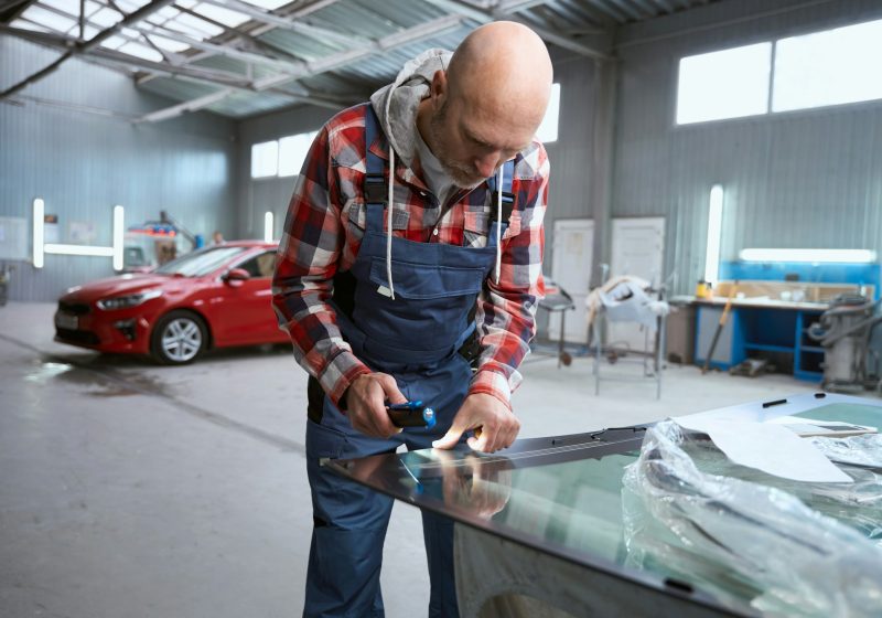 Master male in the repair shop works with the windshield